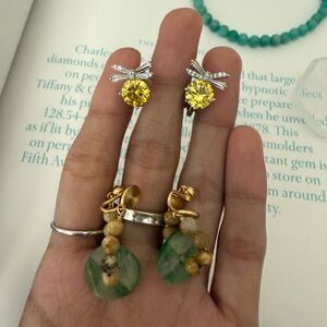 Earring Clips Jade Style and Yellow Gem Set of 2